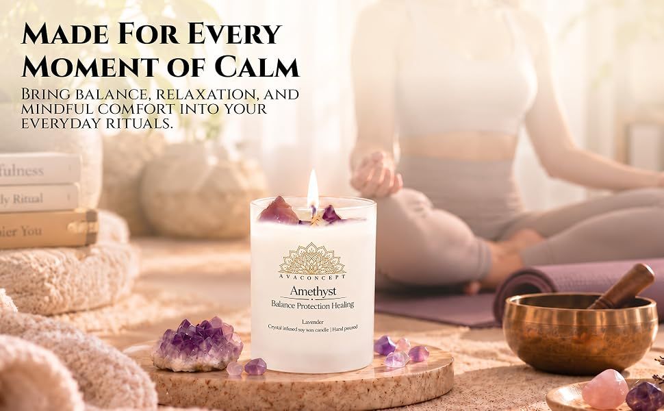 Places the amethyst candle in a calm yoga and meditation scene to help shoppers envision it as part of their relaxation routine. Uses the headline Made For Every Moment of Calm to build an emotional…