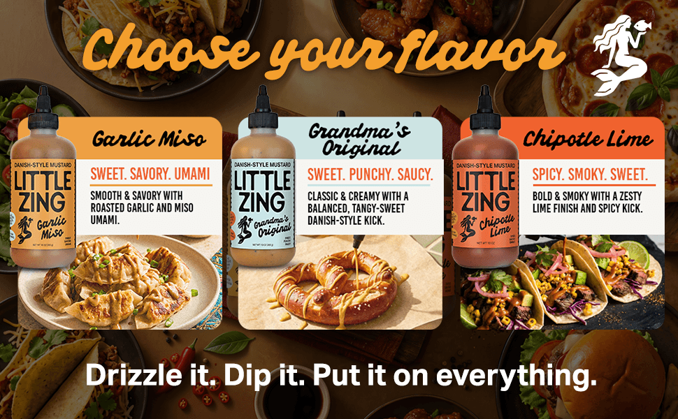 Presents the Little Zing Danish-style mustard lineup so shoppers can see the available flavor options and choose the one that suits them. Breaks down each flavor with its taste descriptors and…