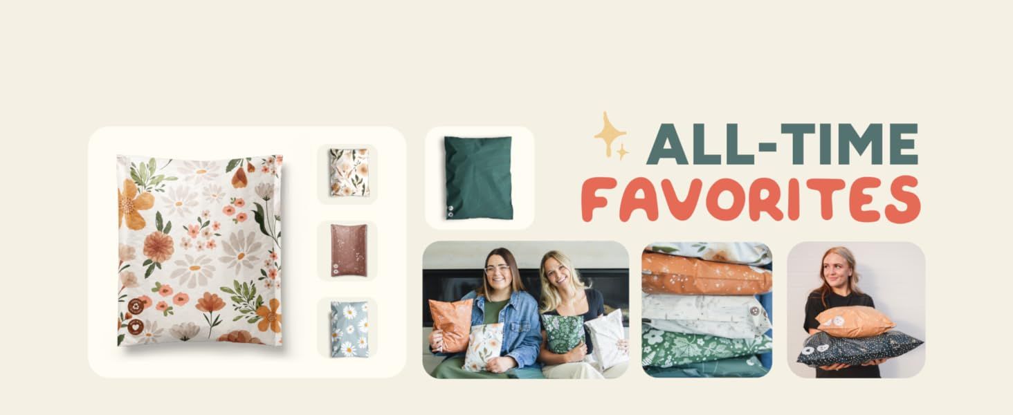 Showcases popular mailer and packaging styles with people in a gifting-friendly context to help shoppers picture packages that feel special. Displays multiple popular mailer designs and customer…