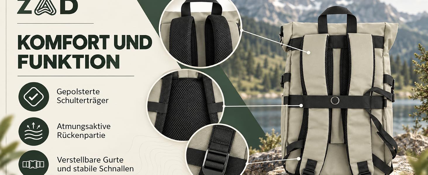 Uses zoomed circles pointing to physical back panel components to show how the backpack is padded and ventilated for comfort. Lists comfort and function benefits alongside zoomed views so shoppers…