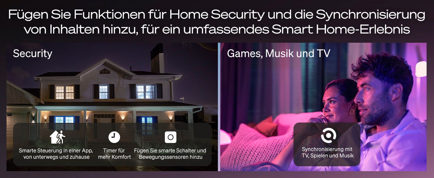 Shows several smart home benefits in segmented panels so shoppers see security control, scheduling, sensor add-ons and entertainment light sync at a glance.