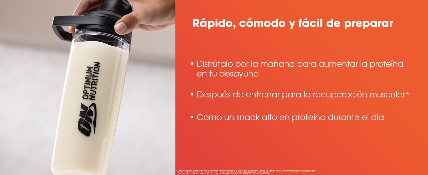 Demonstrates three different occasions when the protein shake can be consumed to show product versatility throughout the day.