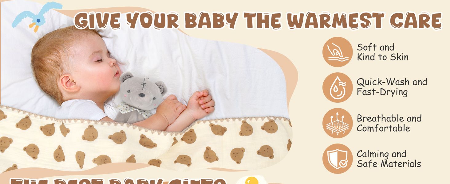 Showcases multiple product benefits in a visually organized layout with icons and text to help shoppers quickly understand key selling points about the baby blanket's comfort, safety, and care…