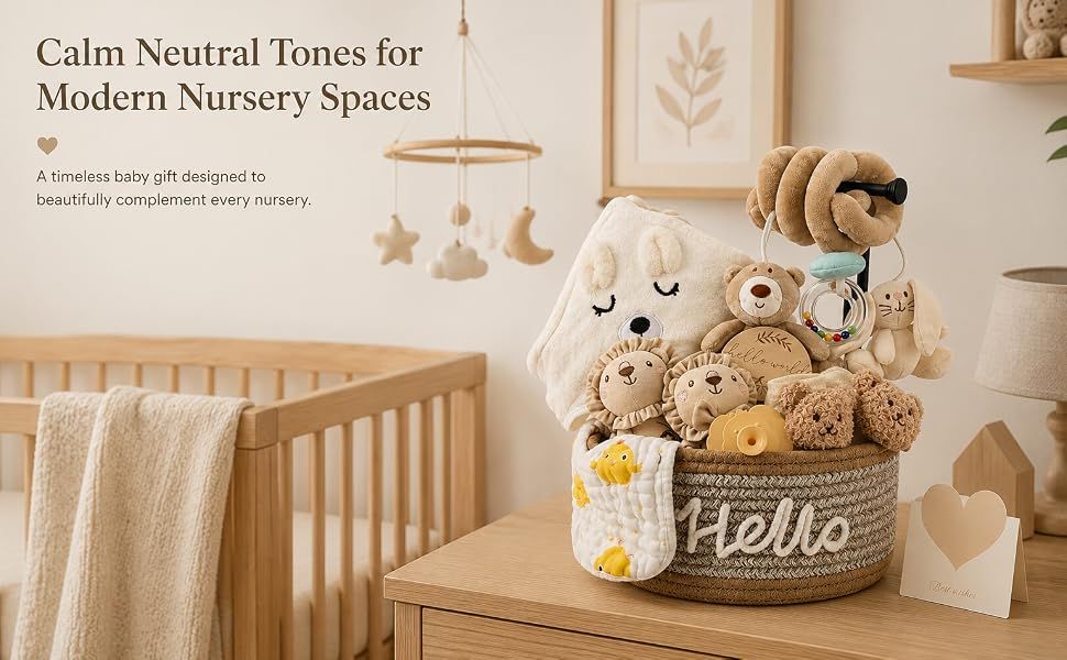 Shows the baby gift basket in a beautifully styled nursery environment to help shoppers envision the product as a thoughtful gift that complements modern nursery decor.