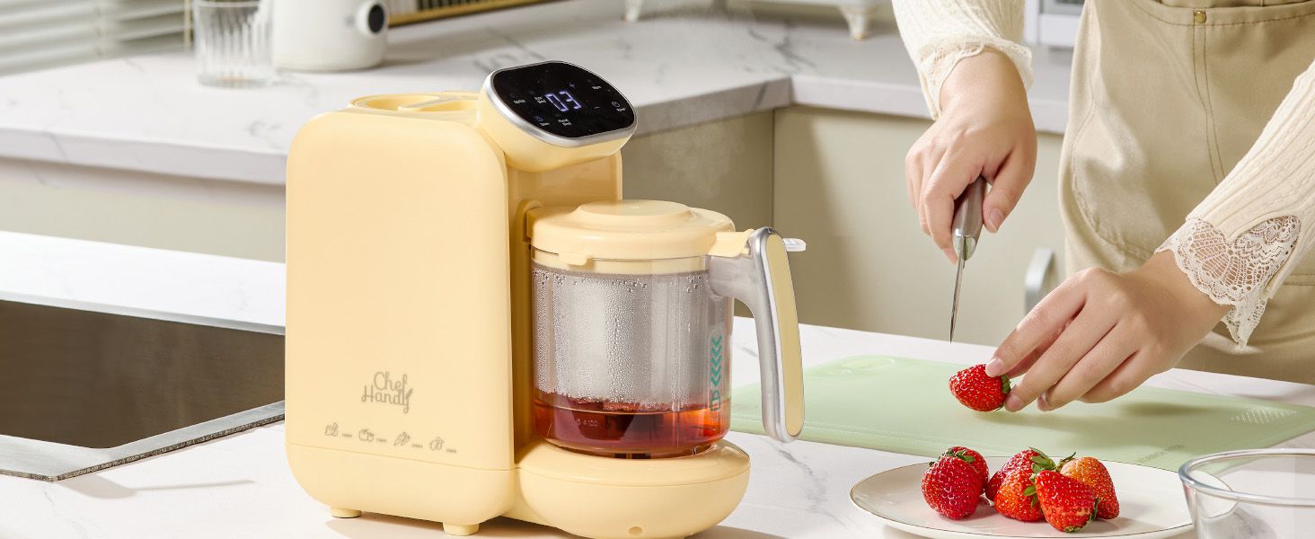 Shows the product in a real-world kitchen environment with a parent preparing food, helping shoppers envision the product in their daily routine.