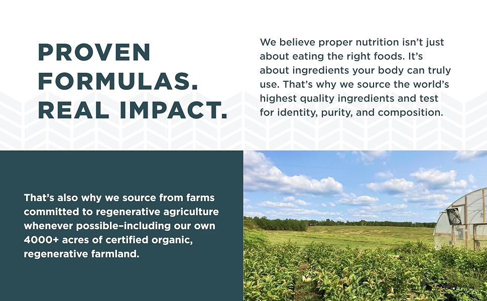 Communicates the brand's commitment to quality ingredients, testing standards, and regenerative agriculture practices to build trust and differentiate the brand through its values and sourcing…