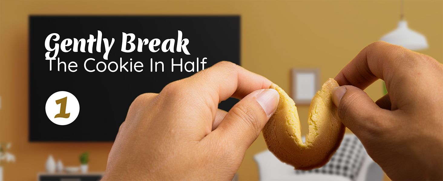 Demonstrates the first step in using the product, showing shoppers the proper way to open or prepare the fortune cookie.