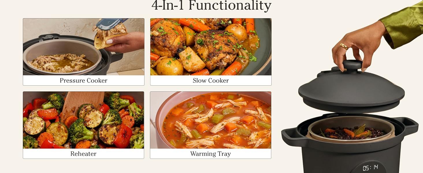 Demonstrates the versatility of the product by showing four distinct cooking applications (pressure cooker, slow cooker, reheater, warming tray) to help shoppers understand the multiple ways they…