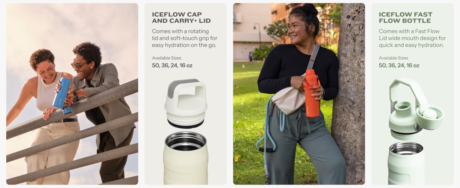 Showcases different bottle designs and lid styles from the brand's collection to help shoppers select the best product for their hydration needs.