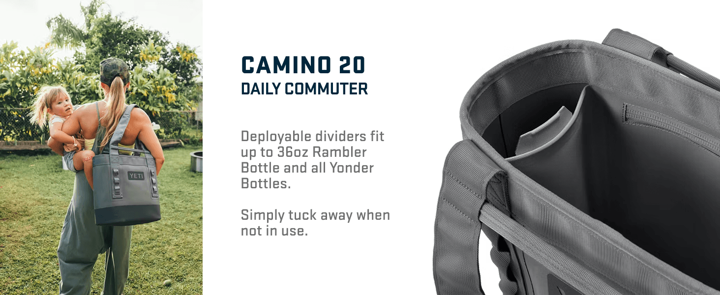 Highlights the practical storage feature of deployable dividers that fit Rambler and Yonder bottles, emphasizing convenience and organization for daily commuters.