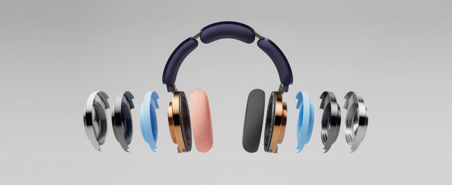 Displays the range of swappable ear cushion colors to highlight the headphones' customizable, personalized design.