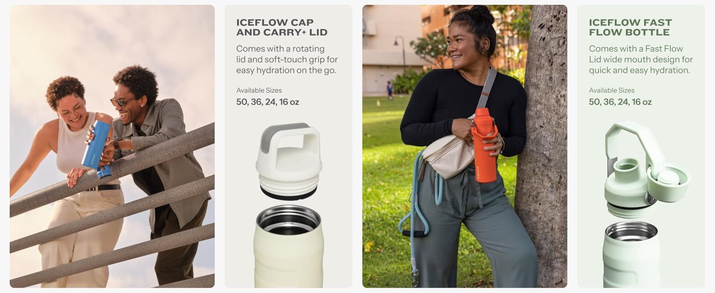 Presents two IceFlow product options side by side so shoppers can compare and pick the right lid or bottle style. Highlights the specific hydration-ease feature of each featured product to reinforce…