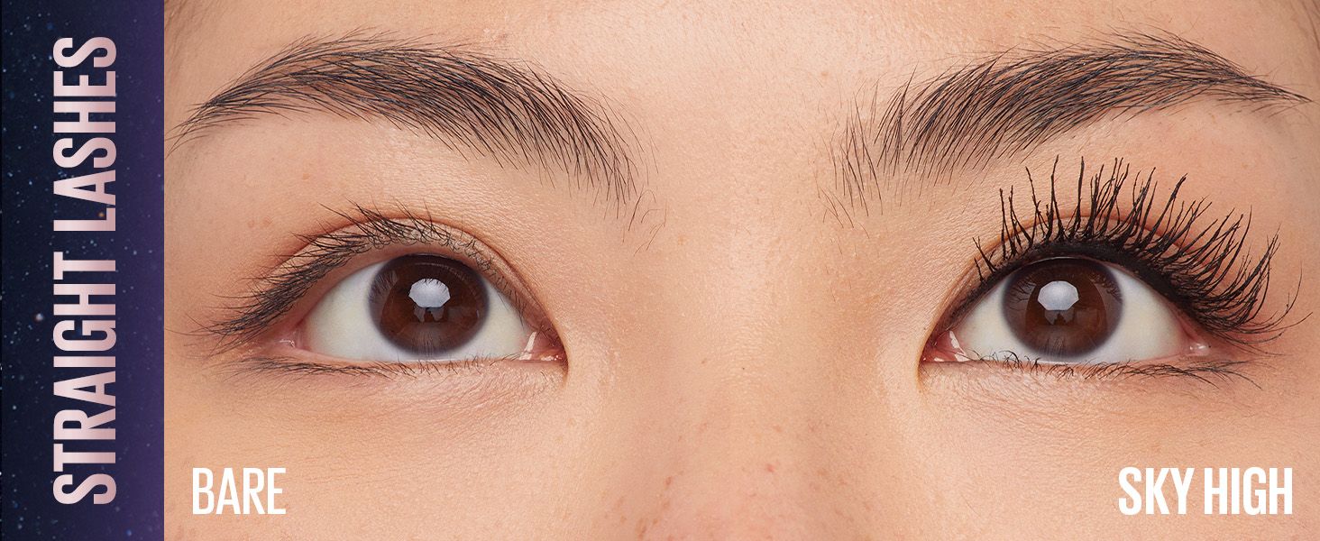 Shows bare straight lashes beside Sky High lashes to prove the mascara adds visible curl and volume. Reinforces one core claim that the mascara lifts straight lashes into a fuller look.