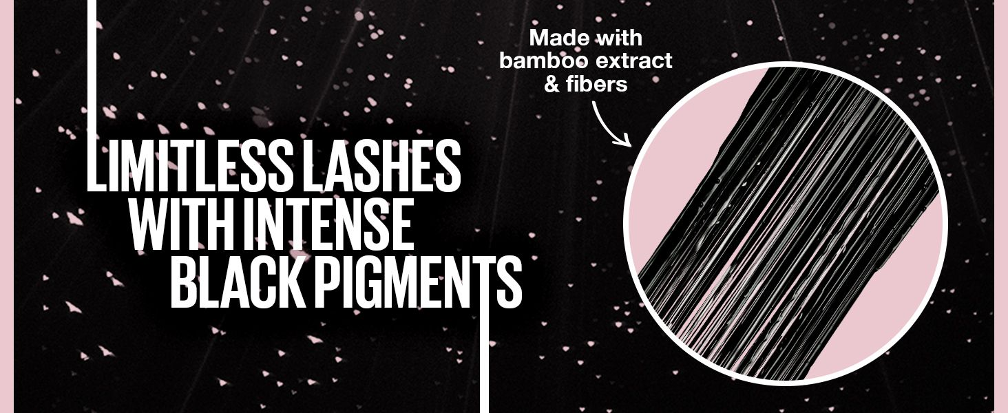 A zoomed-in view of the wand fibers with one callout shows the bamboo extract and fiber build. Shoppers learn what the formula and fibers are made of. A single headline claims limitless lashes with…