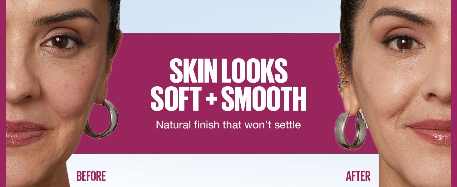 Shows a visible skin smoothing result with a natural finish so shoppers trust the makeup improves the look of skin.