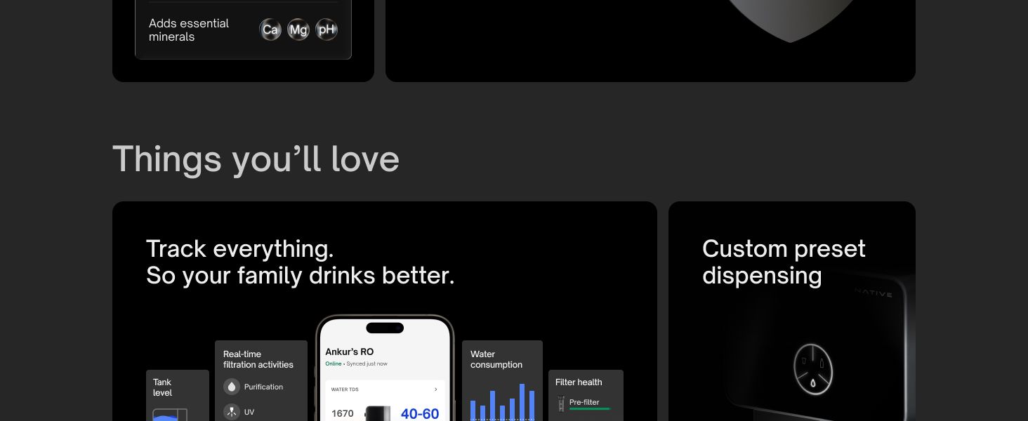 Shows multiple smart monitoring benefits in segmented panels so shoppers see they can track filtration, water use, and filter health from a phone while enjoying custom dispensing. Highlights the…