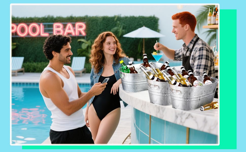 Shows the product in a relaxed poolside bar setting with friends to help shoppers picture enjoying it in a social summer atmosphere.