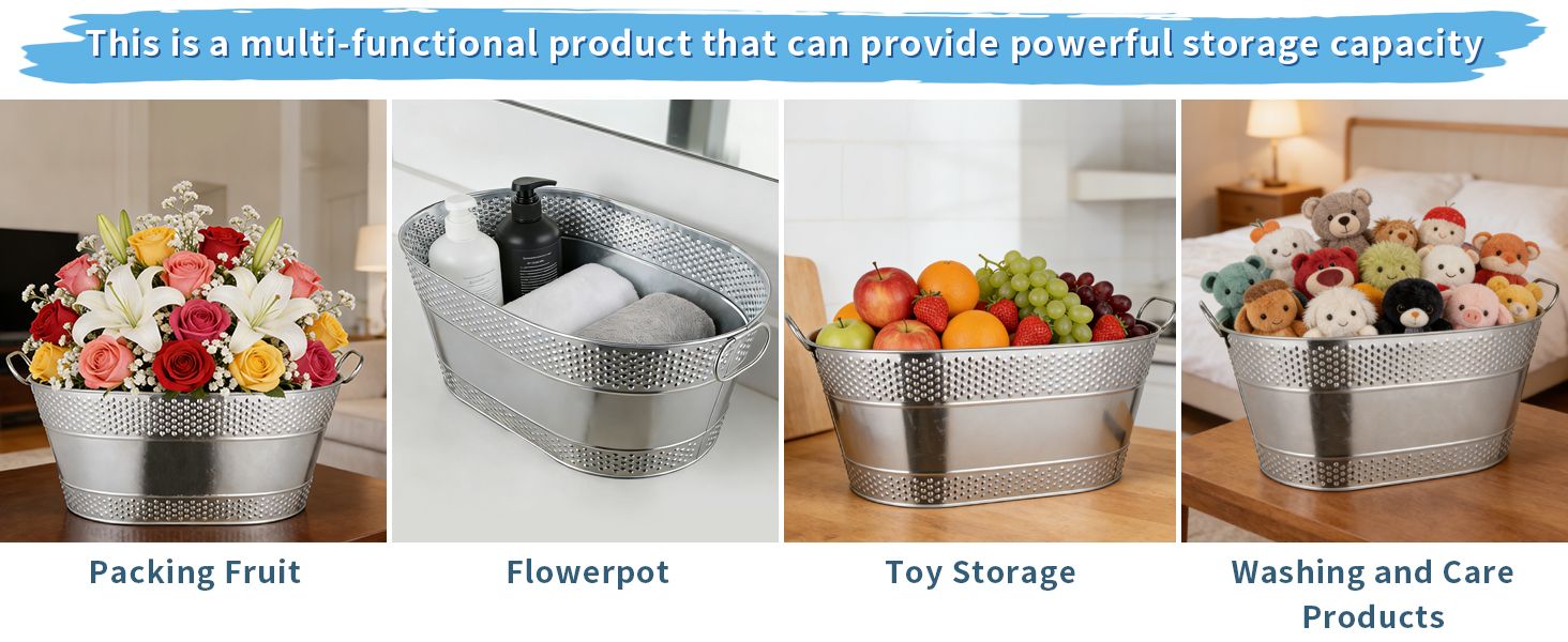 Shows the multi-functional metal tub used in four different everyday settings so shoppers can see its versatility for storage and display. Highlights the storage capacity and multi-use value of the…