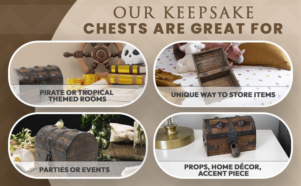 Shows four distinct ways shoppers can use the keepsake chest, from themed decor and storage to party props and accent pieces, helping them envision versatile everyday and event uses.
