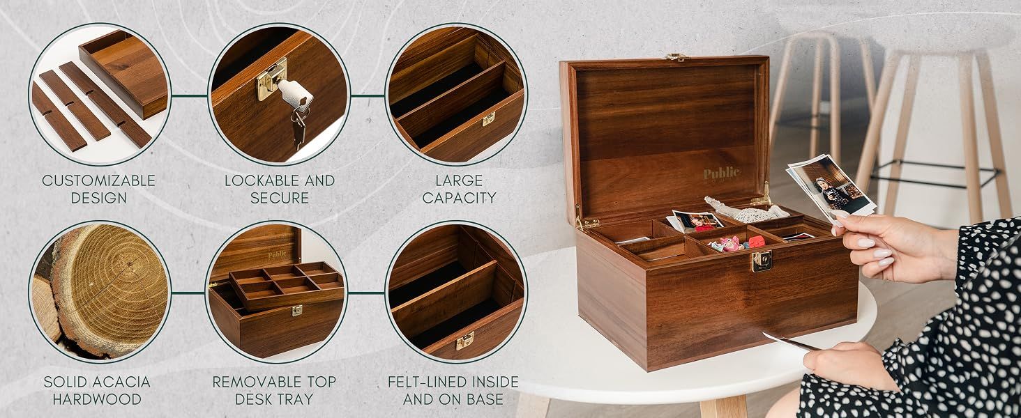 Shows six distinct selling points in segmented circular callouts so shoppers quickly see the wooden box's customization, security, storage capacity, durable hardwood build, organizer tray, and…