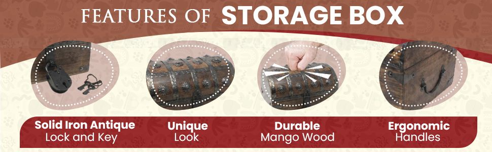 Shows four distinct storage box benefits in segmented panels so shoppers can quickly see the lock, styling, material durability, and handle comfort.
