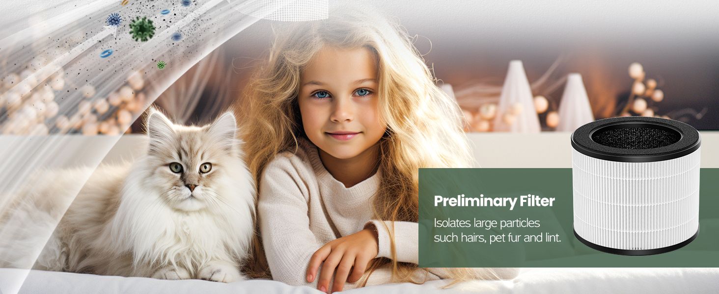 Identifies the preliminary filter component that captures hair, pet fur and lint to explain its role in the filter stack. Communicates that the preliminary filter isolates large particles like pet…