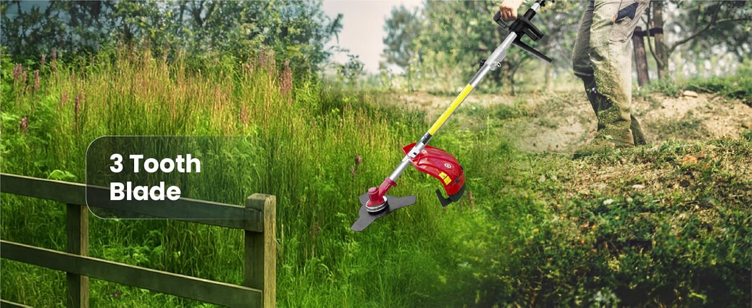Shows the 3 tooth blade cutting tall grass to communicate that it tackles thicker vegetation.