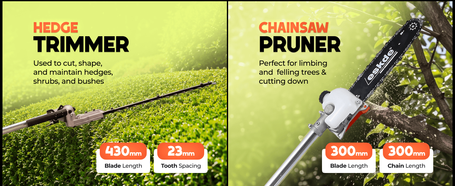 Shows two attachment heads with their specific uses and key blade measurements so shoppers understand the versatility of the pole saw system. Demonstrates multiple yard tasks the attachments handle,…