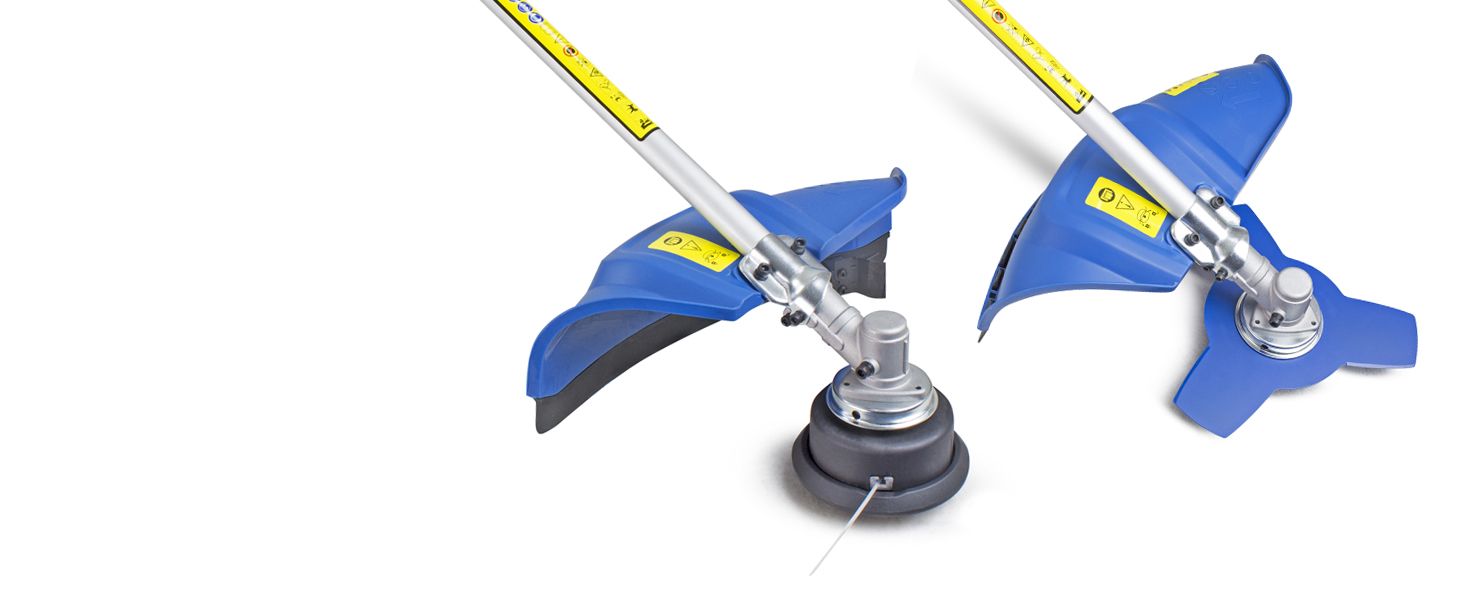 Shows the interchangeable trimmer line and brush cutter heads so shoppers know which attachments are included.