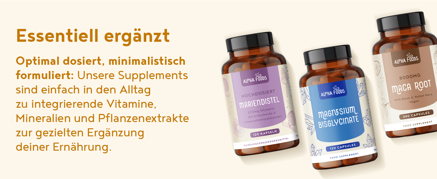 Presents the brand supplement lineup and positions the range as simple, well-dosed everyday nutrition to build trust. Communicates that the supplements are optimally dosed and minimally formulated…
