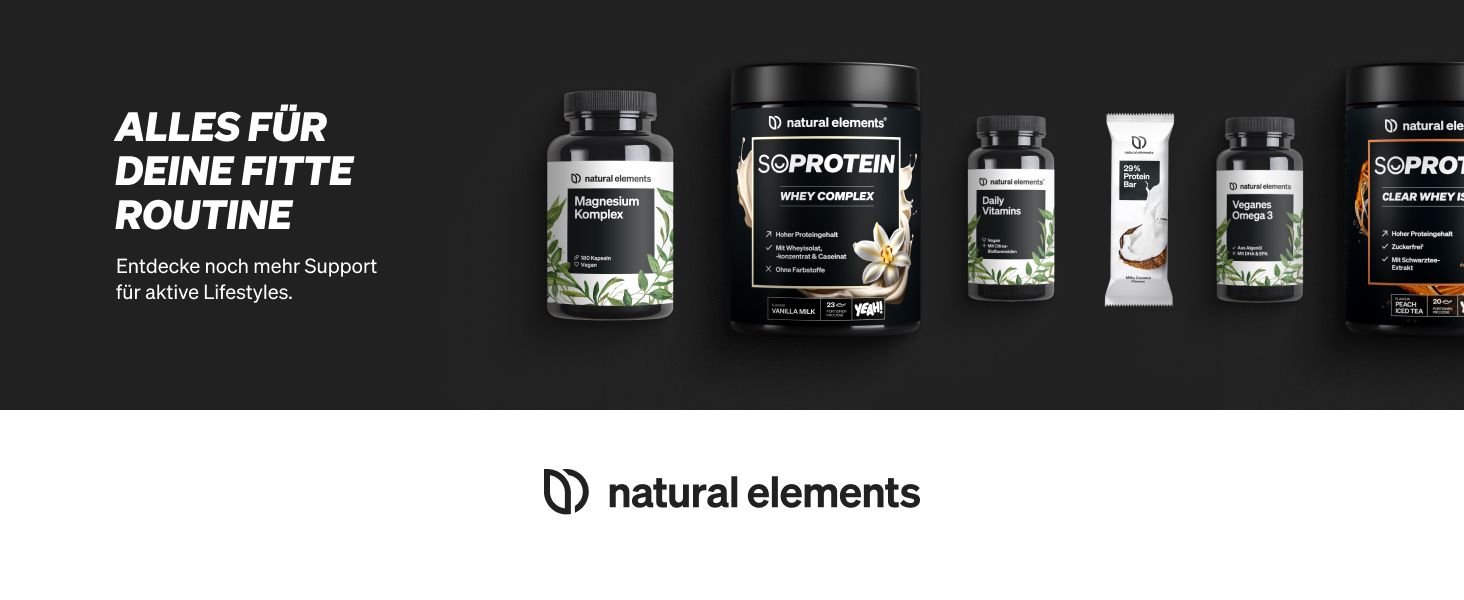 Presents the natural elements product portfolio of supplements and logo to build brand recognition and invite shoppers to explore more products for an active lifestyle. Shows several supplement…