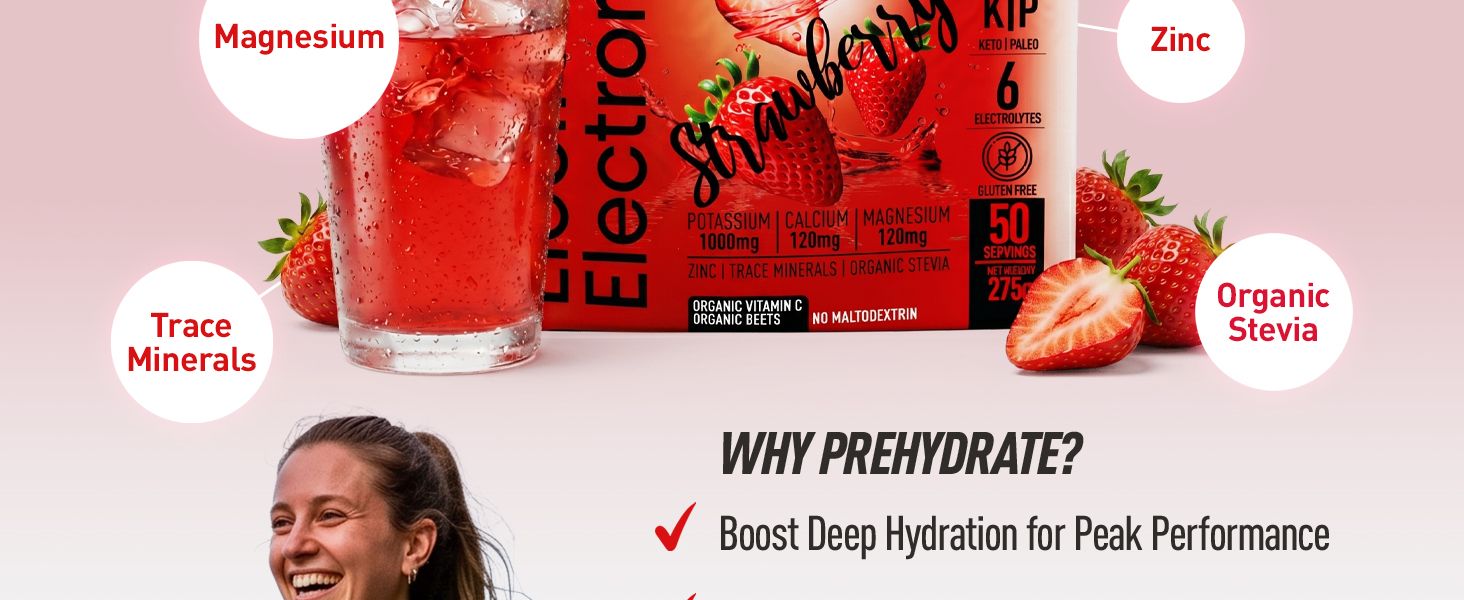 Highlights the electrolyte blend and key ingredients like magnesium, zinc, trace minerals, and organic stevia while explaining why prehydrating supports deep hydration and peak performance. Shows…