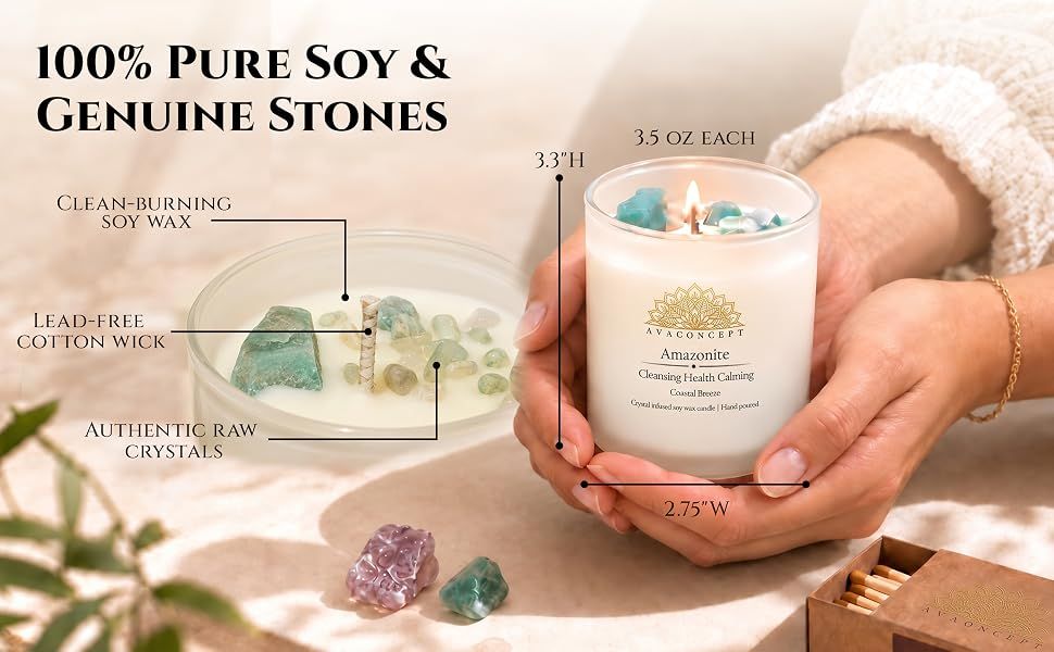 Breaks down the candle's physical components to show shoppers the soy wax, cotton wick, and genuine crystals that make up the product. Shows the candle's exact dimensions and weight so shoppers know…
