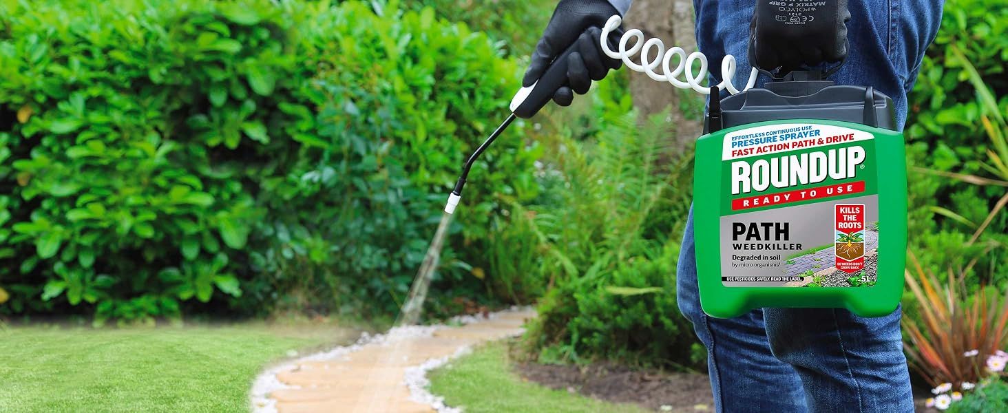 Shows the product being applied to a garden path and driveway edge to demonstrate its suitability for hard surface weed control. Reassures shoppers that this ready to use pressure sprayer delivers…