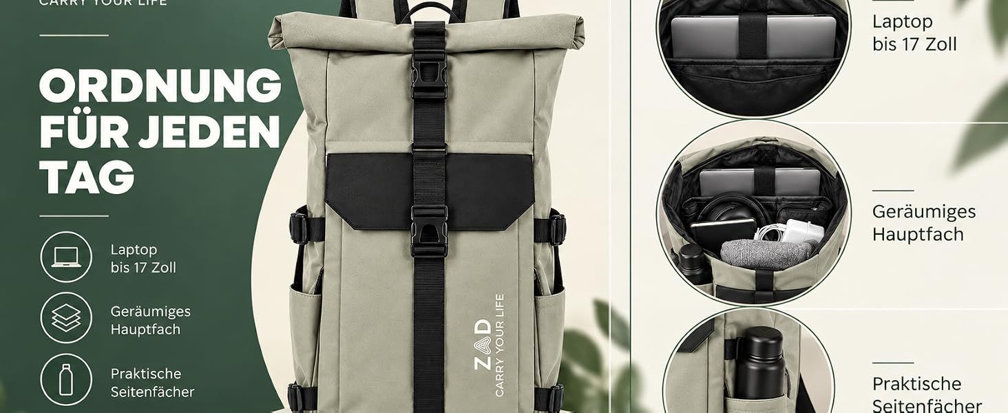 Shows storage features in segmented panels so shoppers see the backpack fits a 17 inch laptop and organizes daily essentials.