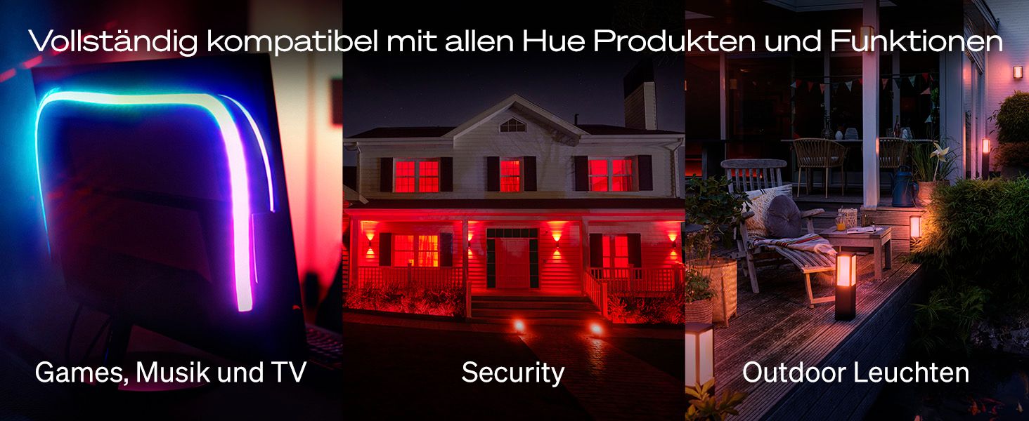 Shows three distinct use scenarios for Hue products including entertainment, home security and outdoor lighting to demonstrate full compatibility across the Hue ecosystem. Reassures shoppers that…