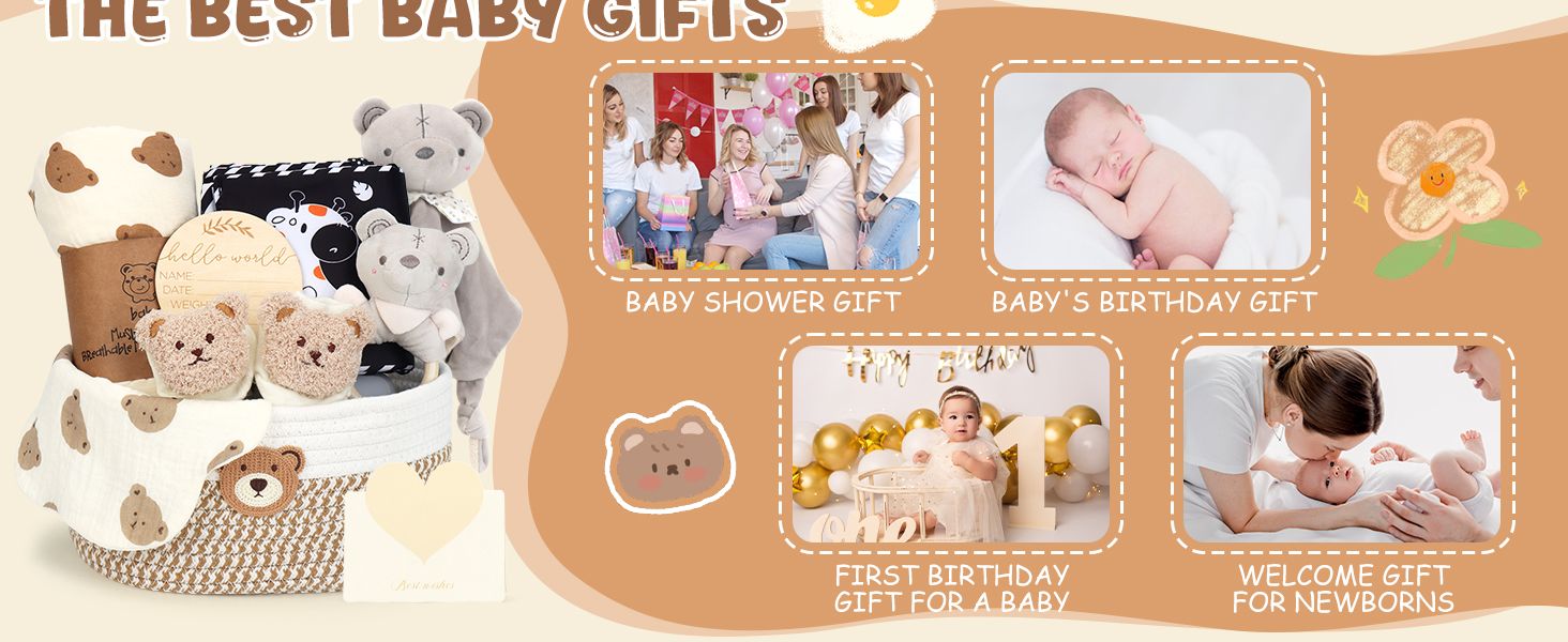 Demonstrates multiple gifting occasions and use cases for the baby product bundle, helping shoppers understand when and why this product is appropriate across different baby milestones. Positions…