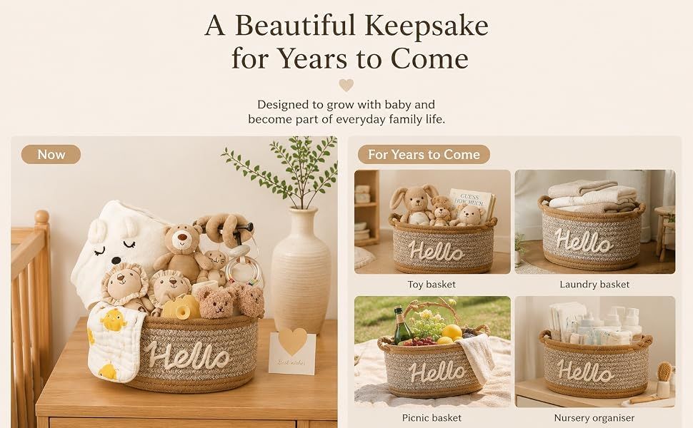 Demonstrates the versatility of the product by showing multiple real-world applications (toy storage, laundry, picnic, nursery organizing) to help shoppers understand how the basket can grow with…
