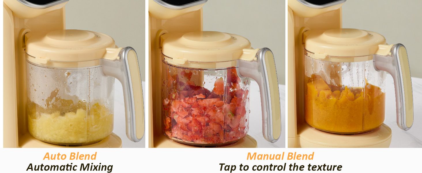 Compares two distinct blending modes with visual examples and text descriptions, helping shoppers understand the difference between Auto Blend and Manual Blend functions.