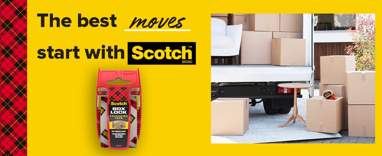 Demonstrates the product in a moving scenario, showing how Scotch Box Lock tape is essential for securing boxes during relocation.
