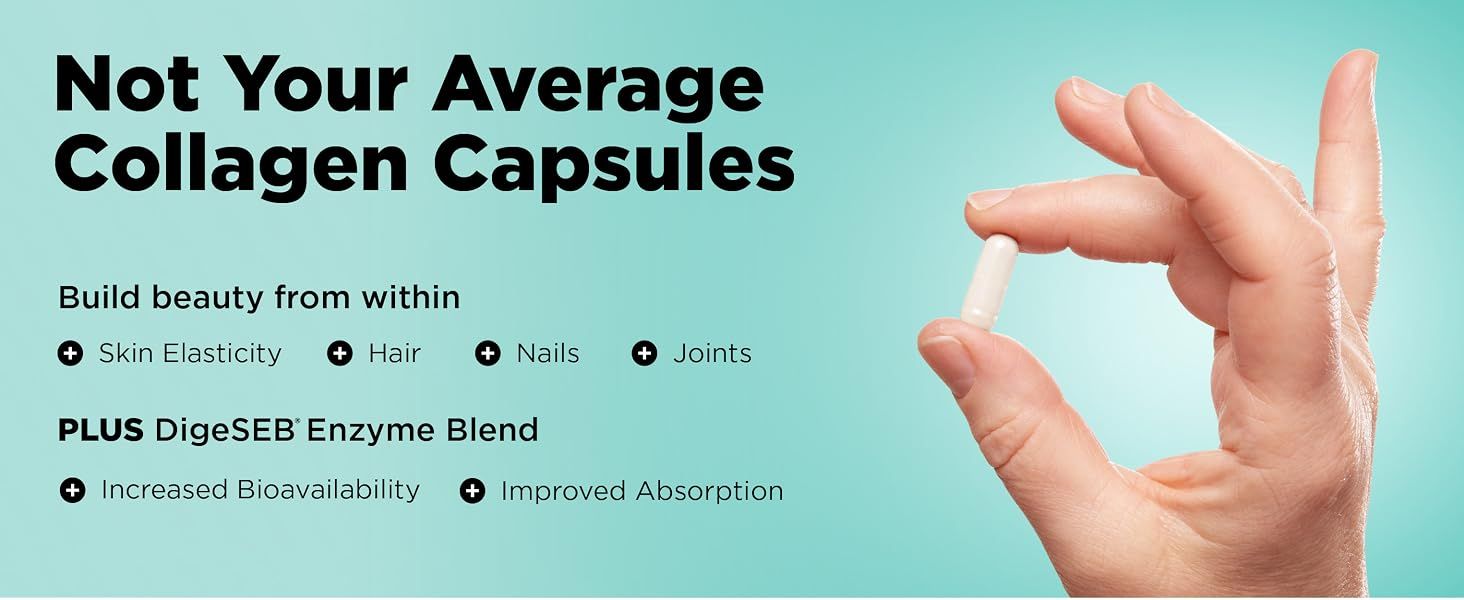 Highlights multiple distinct benefits of the collagen supplement including skin elasticity, hair, nails, joints, plus enhanced bioavailability and absorption to differentiate from average…