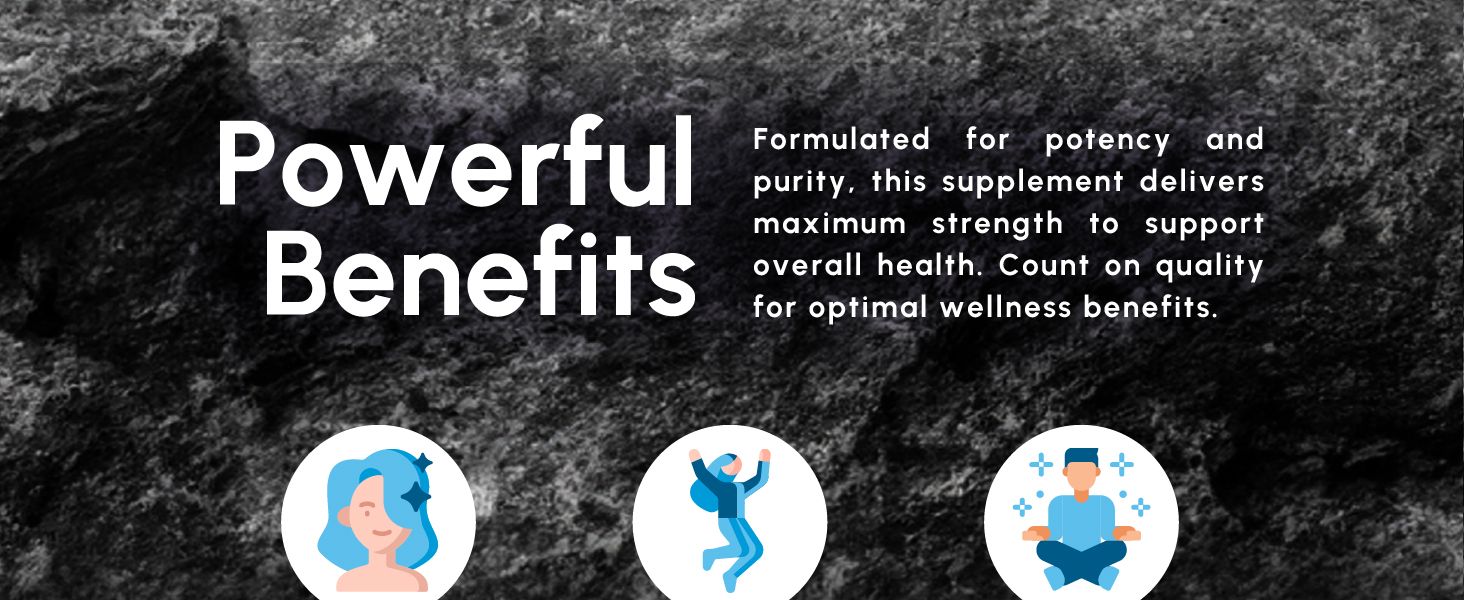 Communicates multiple health and wellness benefits of the supplement in a visually organized layout to help shoppers understand the comprehensive value proposition.
