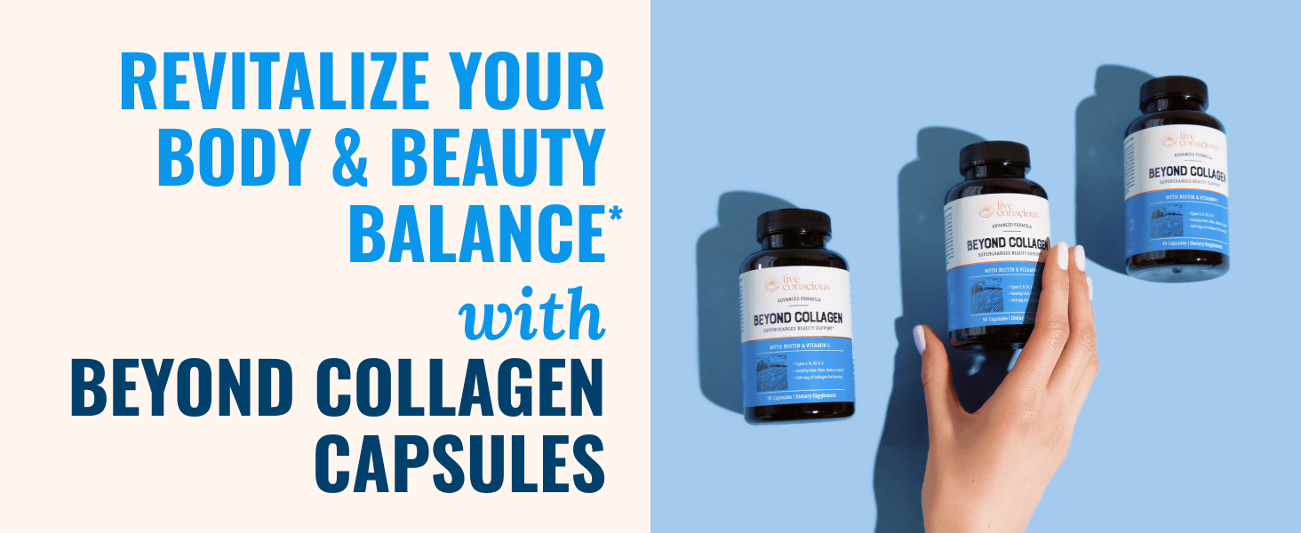 Communicates the core benefit of the collagen supplement—revitalizing body and beauty balance—to appeal to health and beauty-conscious shoppers.