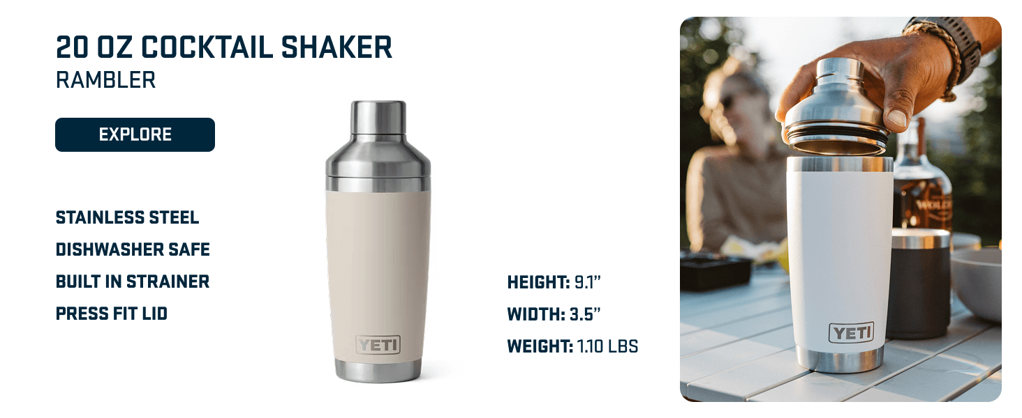 Communicates multiple product features (stainless steel, dishwasher safe, built-in strainer, press fit lid) with sizing information and lifestyle usage to help shoppers understand benefits and…