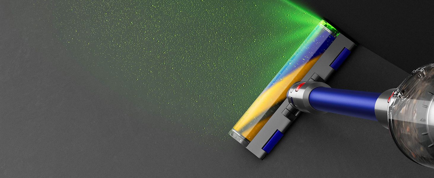 Demonstrates the vacuum's laser illumination feature that reveals hidden dust and debris on floors, helping shoppers understand how the product ensures thorough cleaning.