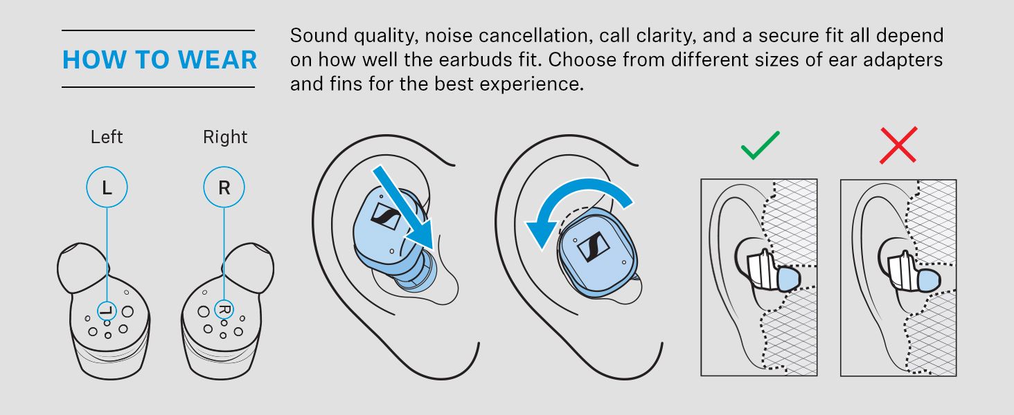 Shows how to wear the earbuds correctly so shoppers get a secure fit, clear calls and better sound.