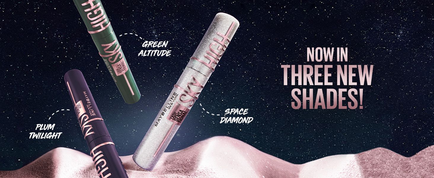 Three shades from the same mascara line appear side by side with a launch headline. Shoppers see the range and the new shade options.