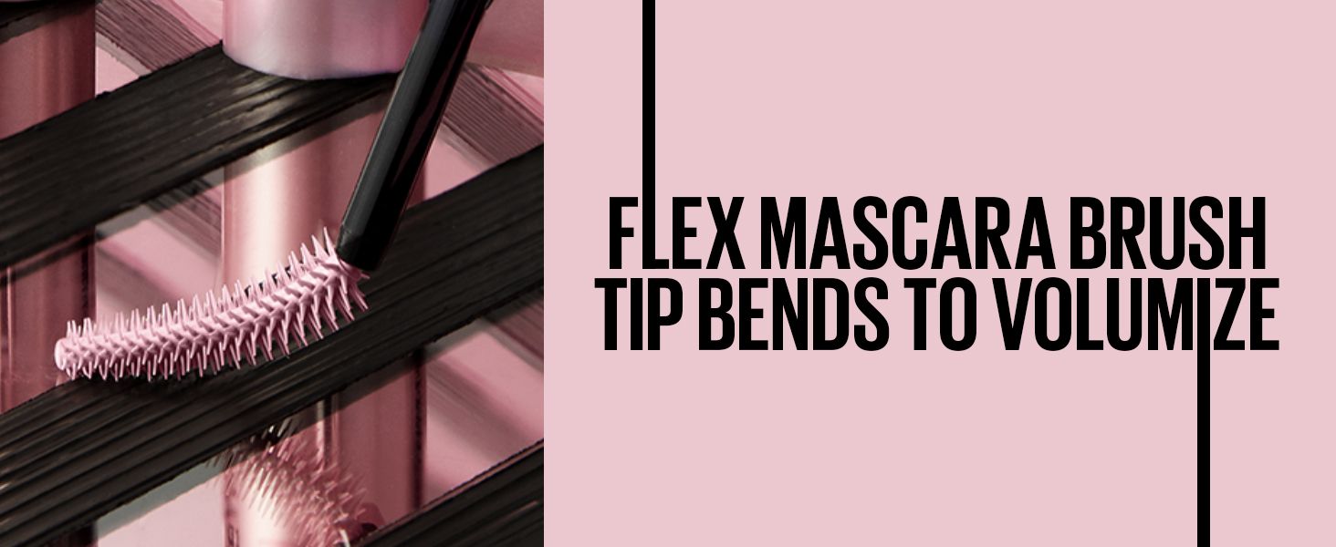 One headline explains that the flexible brush tip bends to add volume. The close-up brush shot shows the benefit in one scene.