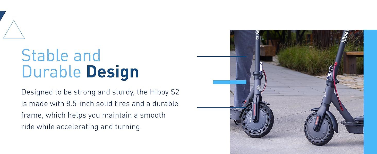 Communicates the scooter's stable and durable construction with solid tires and sturdy frame to build confidence in product quality and ride smoothness.