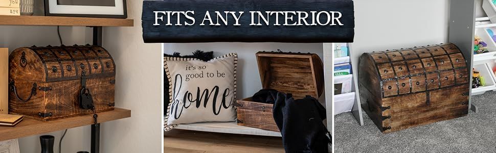 Shows the wooden chest styled in multiple real home settings so shoppers can picture it fitting their own decor.